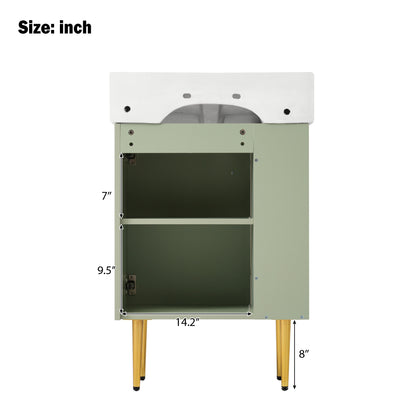 21.6" Bathroom Vanity with Sink, Slim Freestanding Bathroom Vanity Cabinet with Ceramic Sink & Overflow, Gold Metal Legs, Soft Close Door, for Small Bathroom,,Green