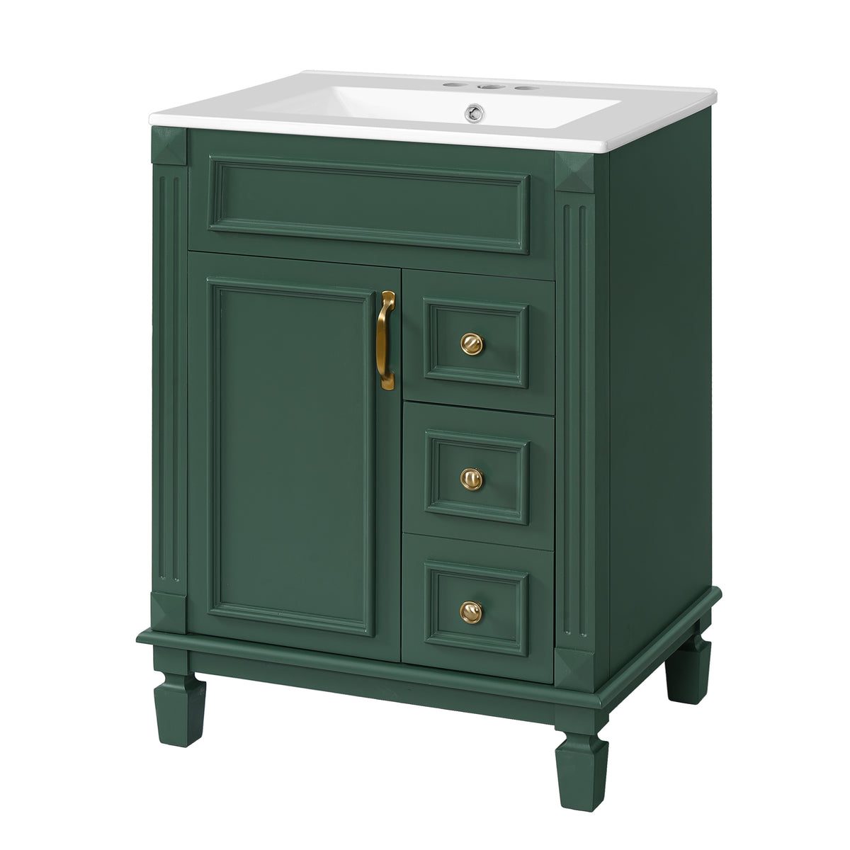 24" Bathroom Vanity with Sink, French Style Bathroom Vanity with 2 Deep Drawers & Adjustable Shelf, Ceramic Sink for 4-Inch Faucet, Soft Close Door,Green