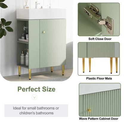 21.6" Bathroom Vanity with Sink, Slim Freestanding Bathroom Vanity Cabinet with Ceramic Sink & Overflow, Gold Metal Legs, Soft Close Door, for Small Bathroom,,Green
