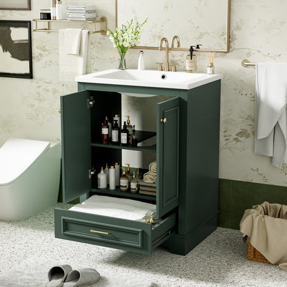 24" Bathroom Vanity with Sink, Modern Bathroom Vanity with White Ceramic Sink & Drawer, 3-Level Adjustable Shelf, Solid Wood Frame, for Small Bathroom,Green