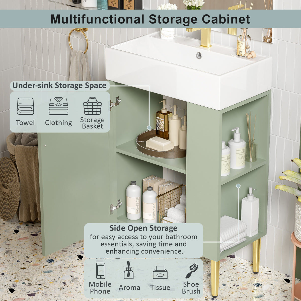 21.6" Bathroom Vanity with Sink, Slim Freestanding Bathroom Vanity Cabinet with Ceramic Sink & Overflow, Gold Metal Legs, Soft Close Door, for Small Bathroom,,Green