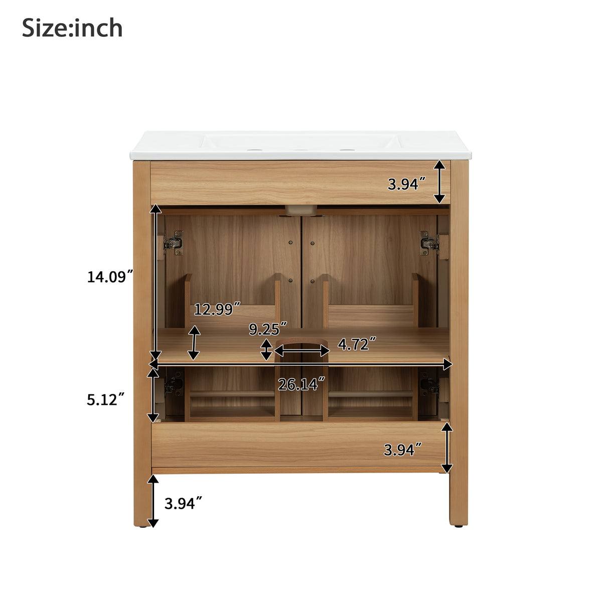 30" Bathroom Vanity with Sink, Modern Bathroom Vanity with Double Door Shelves & U-Shaped Adjustable Shelf, Ceramic Sink with Overflow, Soft Close Door,Acacia Wood
