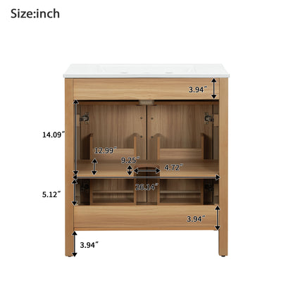 30" Bathroom Vanity with Sink, Modern Bathroom Vanity with Double Door Shelves & U-Shaped Adjustable Shelf, Ceramic Sink with Overflow, Soft Close Door,Acacia Wood