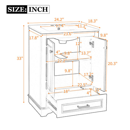 24" Bathroom Vanity with Sink, Modern Bathroom Vanity with White Ceramic Sink & Drawer, 3-Level Adjustable Shelf, Solid Wood Frame, for Small Bathroom,Blue Grey