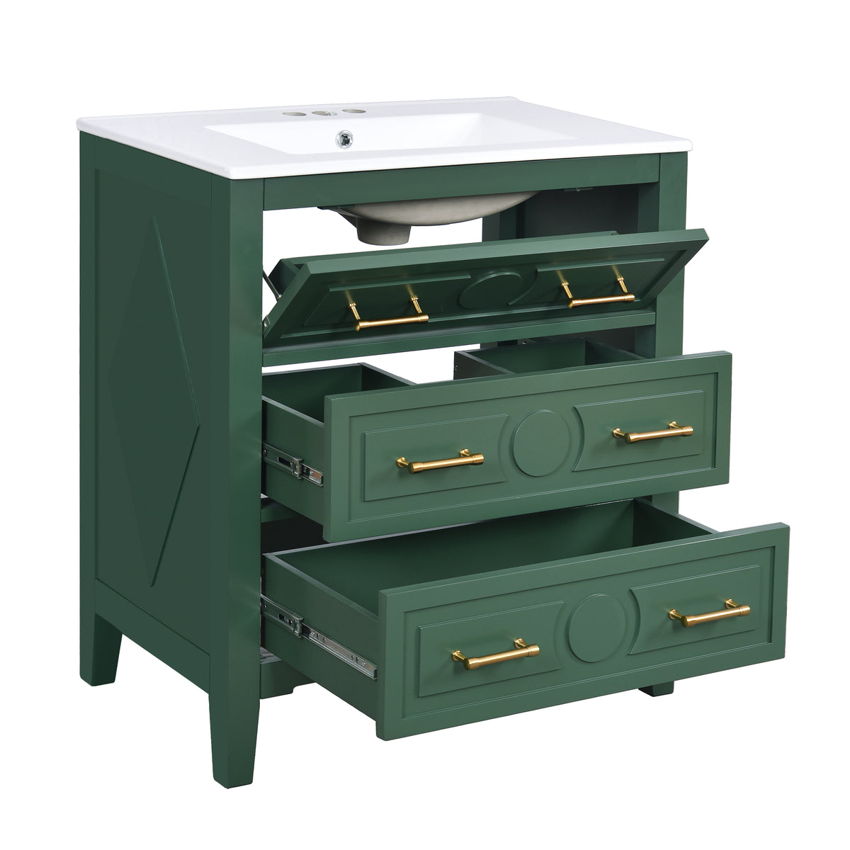 30" Bathroom Vanity with Sink, Black Bathroom Vanity with 3 Drawers & Carved Detail, Ceramic Sink for 4" Centerset Faucet with Overflow, Solid Pine Wood Frame,Green
