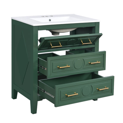 30" Bathroom Vanity with Sink, Black Bathroom Vanity with 3 Drawers & Carved Detail, Ceramic Sink for 4" Centerset Faucet with Overflow, Solid Pine Wood Frame,Green