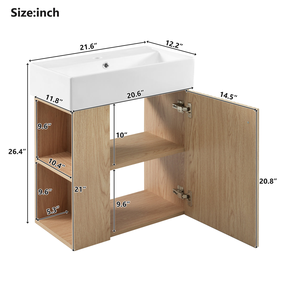 21.6" Floating Bathroom Vanity with Sink, Slim Wall Mounted Bathroom Vanity with Ceramic Basin & Overflow, Wave Pattern Door with Rose Gold Handle, Soft Close Door,Wood
