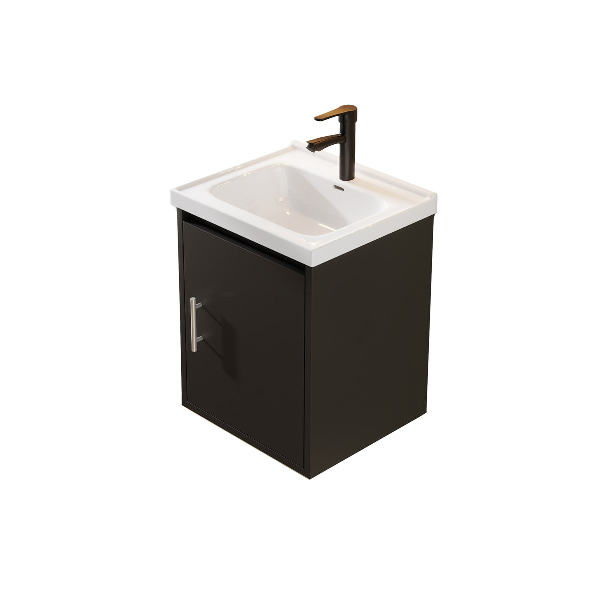 16" Floating Bathroom Vanity with Sink, Modern Wall Mounted Bathroom Vanity with Glossy White Ceramic Sink & Countertop, Soft Close Door, Plywood Storage Cabinet,Black