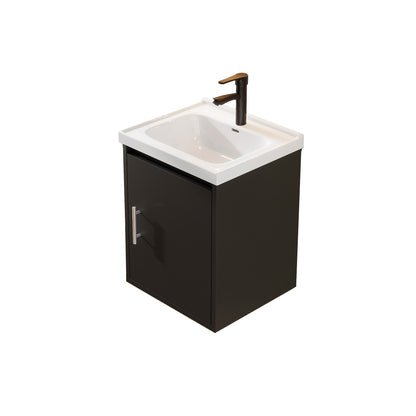 16" Floating Bathroom Vanity with Sink, Modern Wall Mounted Bathroom Vanity with Glossy White Ceramic Sink & Countertop, Soft Close Door, Plywood Storage Cabinet,Black