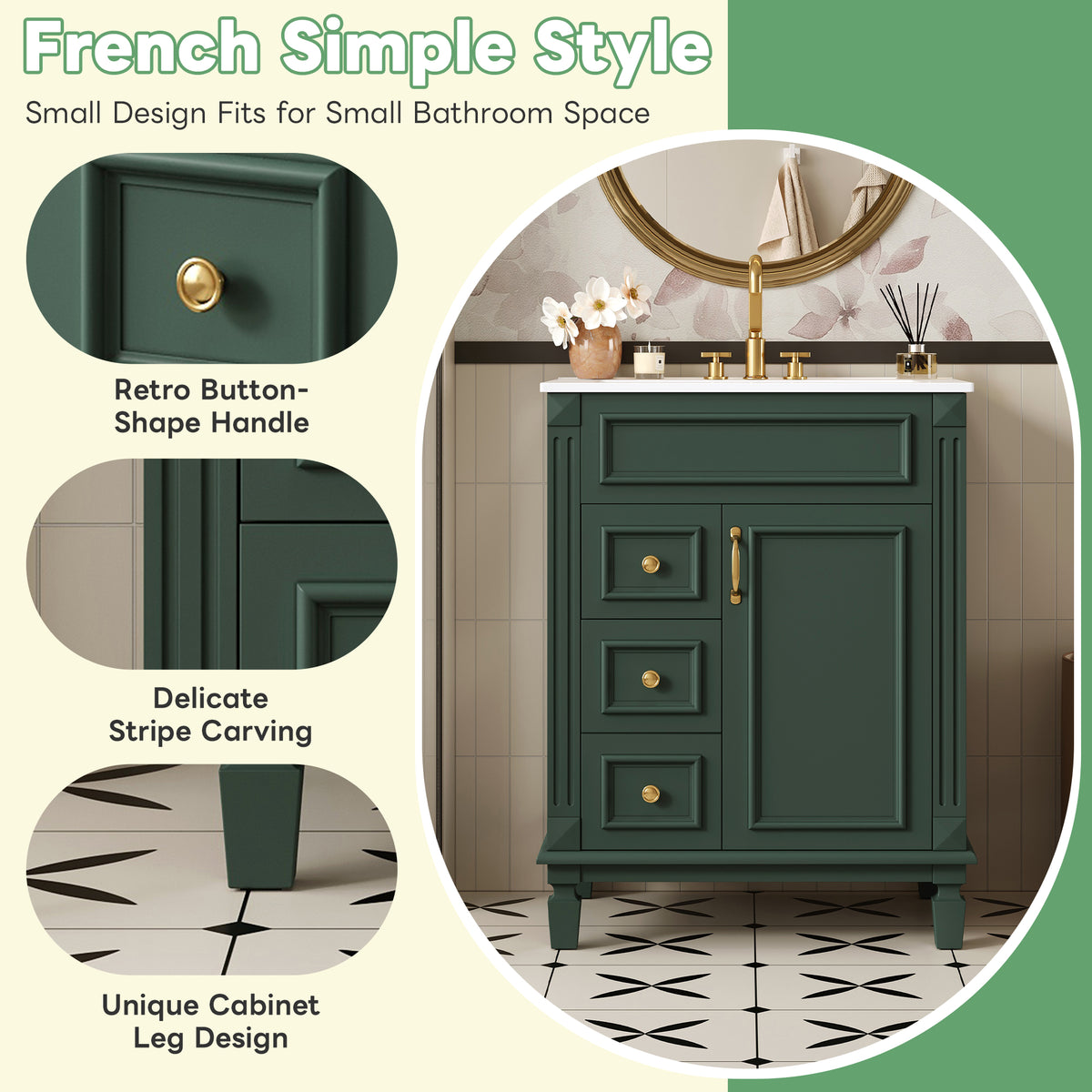 24" Bathroom Vanity with Sink, French Style Bathroom Vanity with 2 Deep Drawers & Adjustable Shelf, Ceramic Sink for 4-Inch Faucet, Soft Close Door,Green