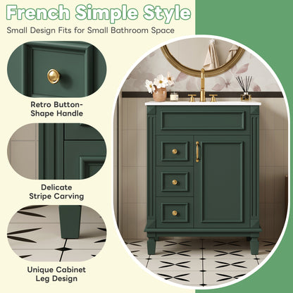 24" Bathroom Vanity with Sink, French Style Bathroom Vanity with 2 Deep Drawers & Adjustable Shelf, Ceramic Sink for 4-Inch Faucet, Soft Close Door,Green