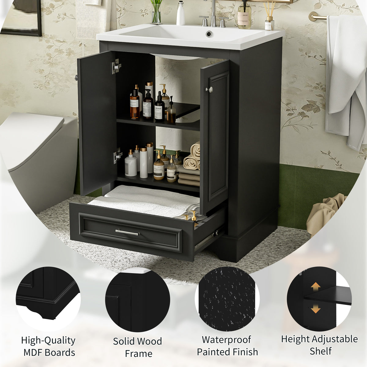 24" Bathroom Vanity with Sink, Modern Bathroom Vanity with White Ceramic Sink & Drawer, 3-Level Adjustable Shelf, Solid Wood Frame, for Small Bathroom,Black