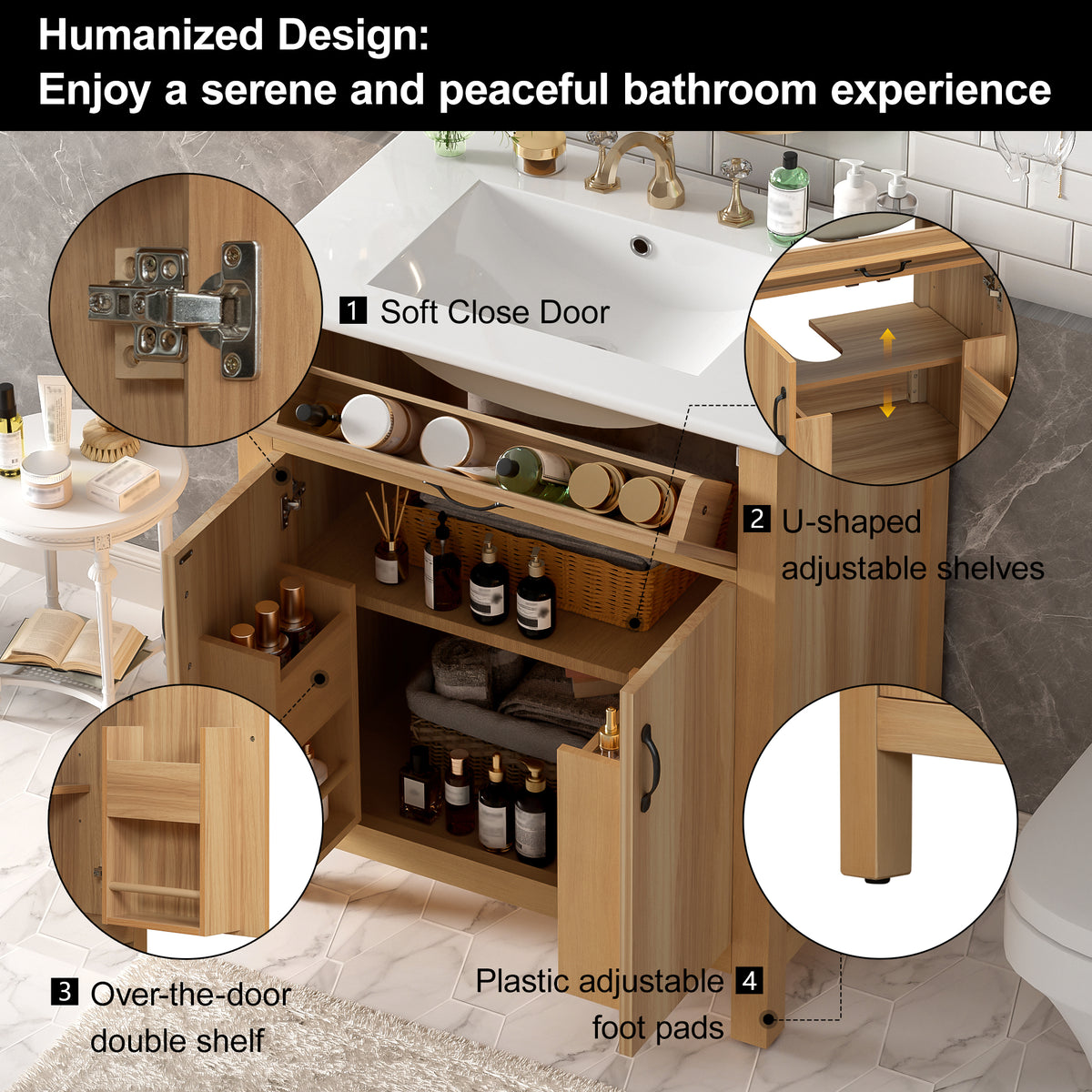 30" Bathroom Vanity with Sink, Modern Bathroom Vanity with Double Door Shelves & U-Shaped Adjustable Shelf, Ceramic Sink with Overflow, Soft Close Door,Acacia Wood