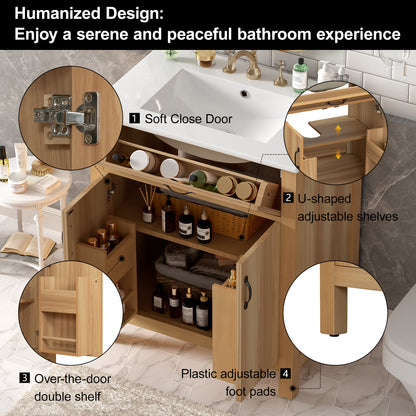 30" Bathroom Vanity with Sink, Modern Bathroom Vanity with Double Door Shelves & U-Shaped Adjustable Shelf, Ceramic Sink with Overflow, Soft Close Door,Acacia Wood