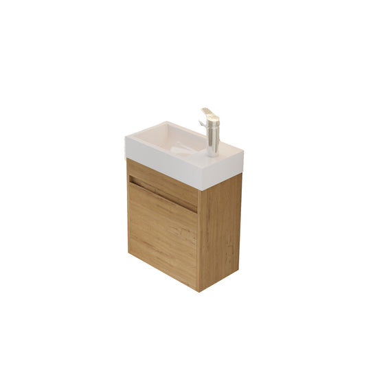 18" Floating Bathroom Vanity with Sink, Modern Wall Mounted Bathroom Vanity with Glossy White Ceramic Sink & Countertop, Soft Close Door, Plywood Storage Cabinet,Oak