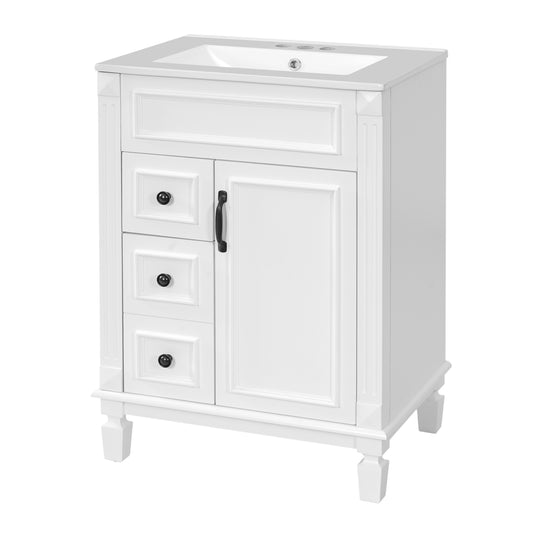 24" Bathroom Vanity with Sink, French Style Bathroom Vanity with 2 Deep Drawers & Adjustable Shelf, Ceramic Sink for 4-Inch Faucet, Soft Close Door,White