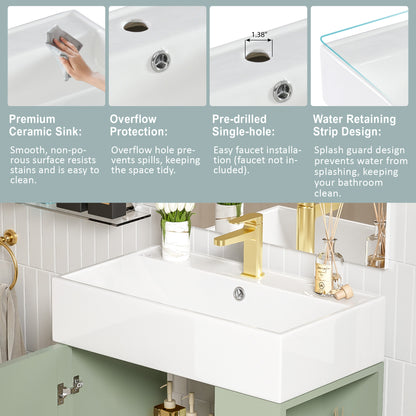 21.6" Bathroom Vanity with Sink, Slim Freestanding Bathroom Vanity Cabinet with Ceramic Sink & Overflow, Gold Metal Legs, Soft Close Door, for Small Bathroom,,Green