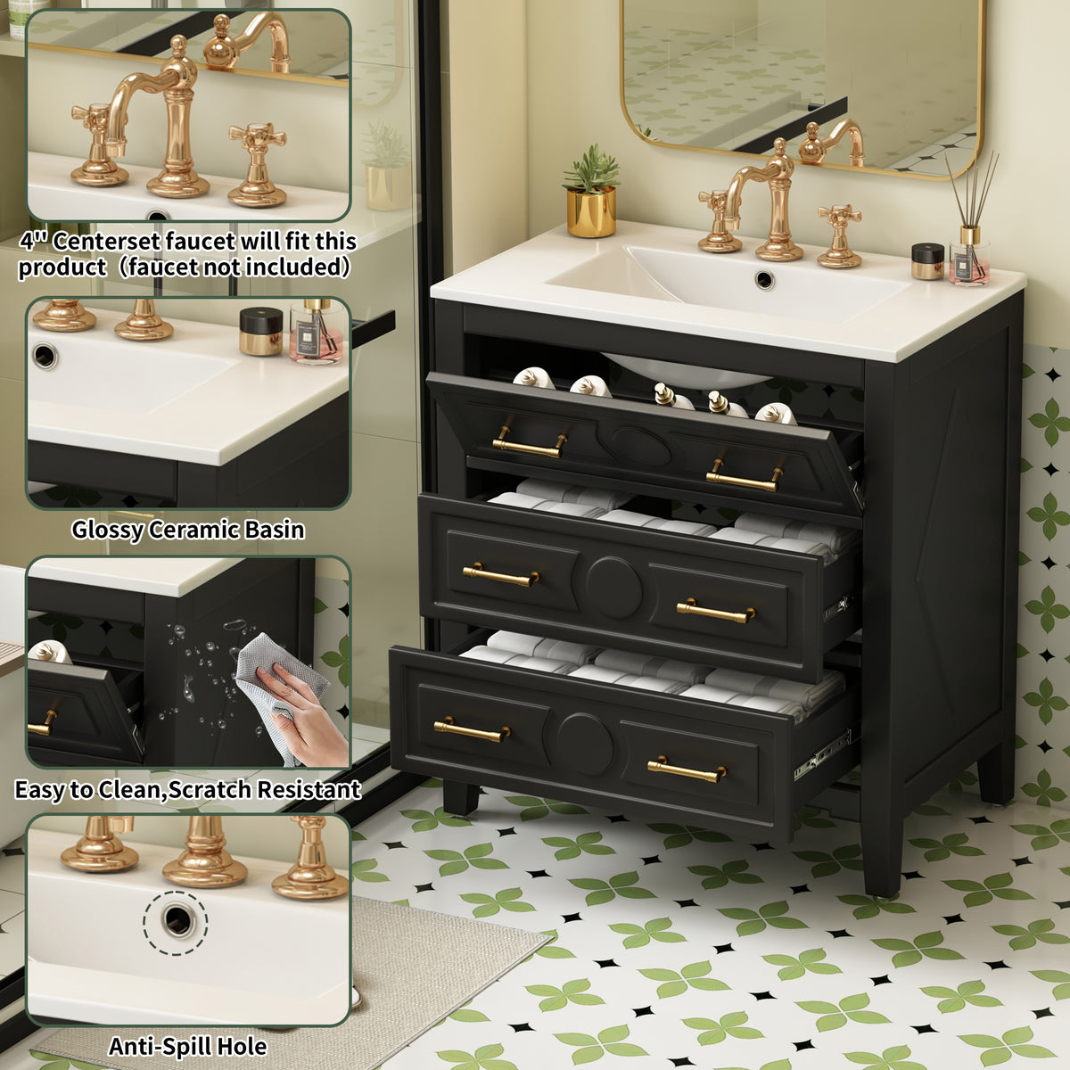 30" Bathroom Vanity with Sink, Black Bathroom Vanity with 3 Drawers & Carved Detail, Ceramic Sink for 4" Centerset Faucet with Overflow, Solid Pine Wood Frame,Black