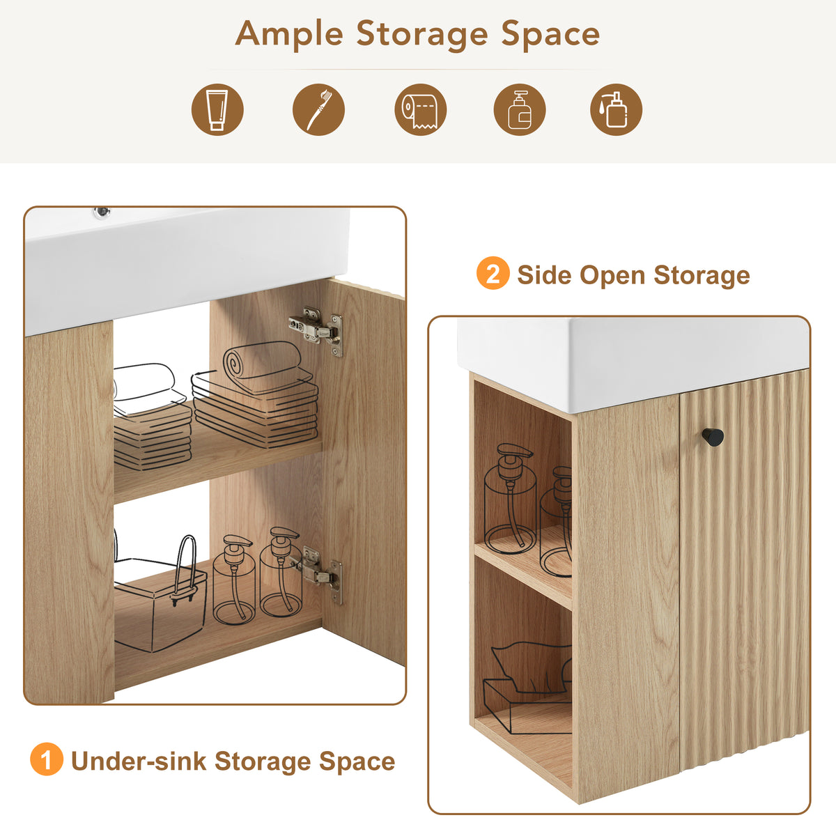 21.6" Floating Bathroom Vanity with Sink, Slim Wall Mounted Bathroom Vanity with Ceramic Basin & Overflow, Wave Pattern Door with Rose Gold Handle, Soft Close Door,Wood