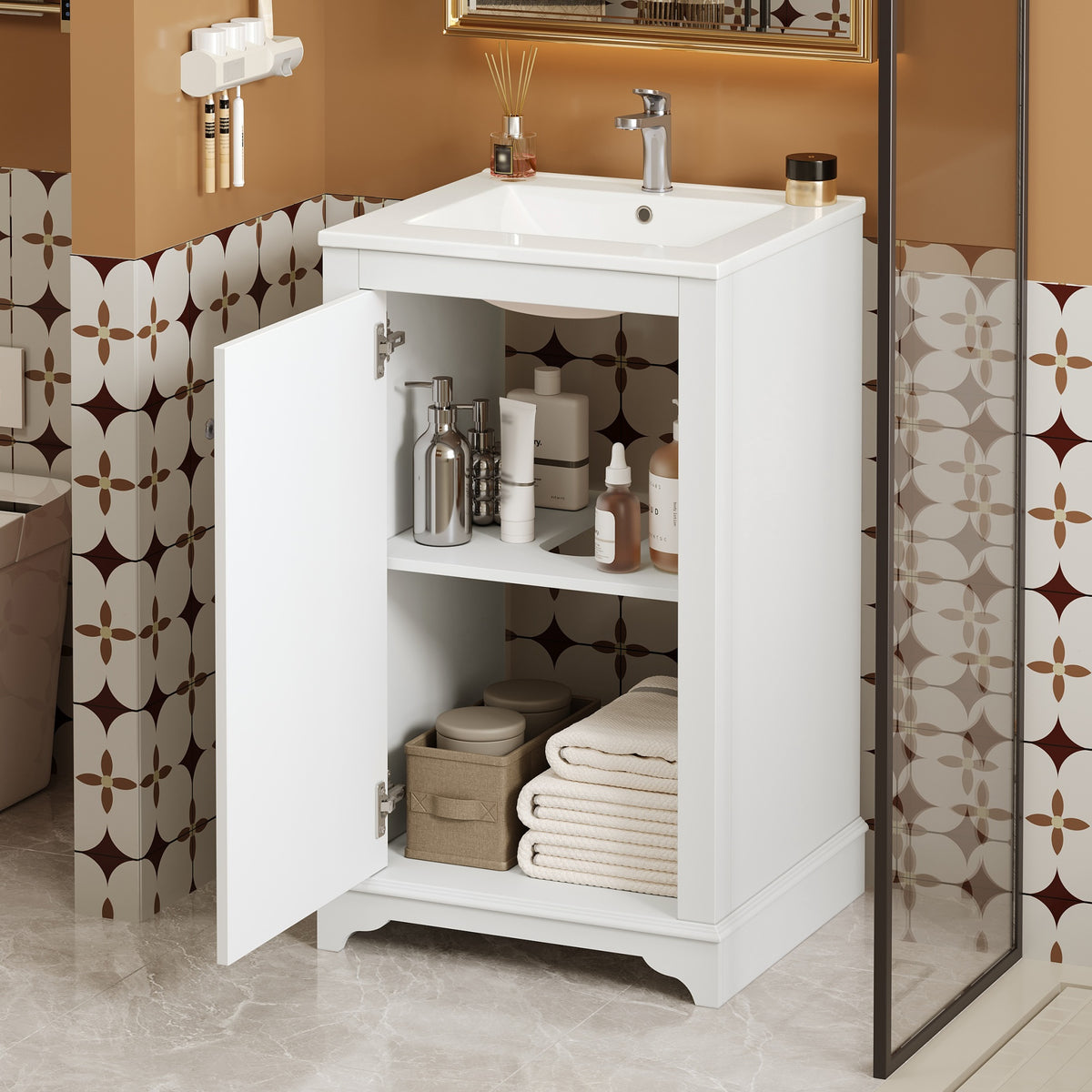 20" Shaker Style Bathroom Vanity with Sink, Small Bathroom Vanity Cabinet with Integrated Ceramic Sink, Soft Close Door, Solid Wood & MDF,White