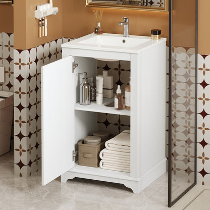20" Shaker Style Bathroom Vanity with Sink, Small Bathroom Vanity Cabinet with Integrated Ceramic Sink, Soft Close Door, Solid Wood & MDF,White