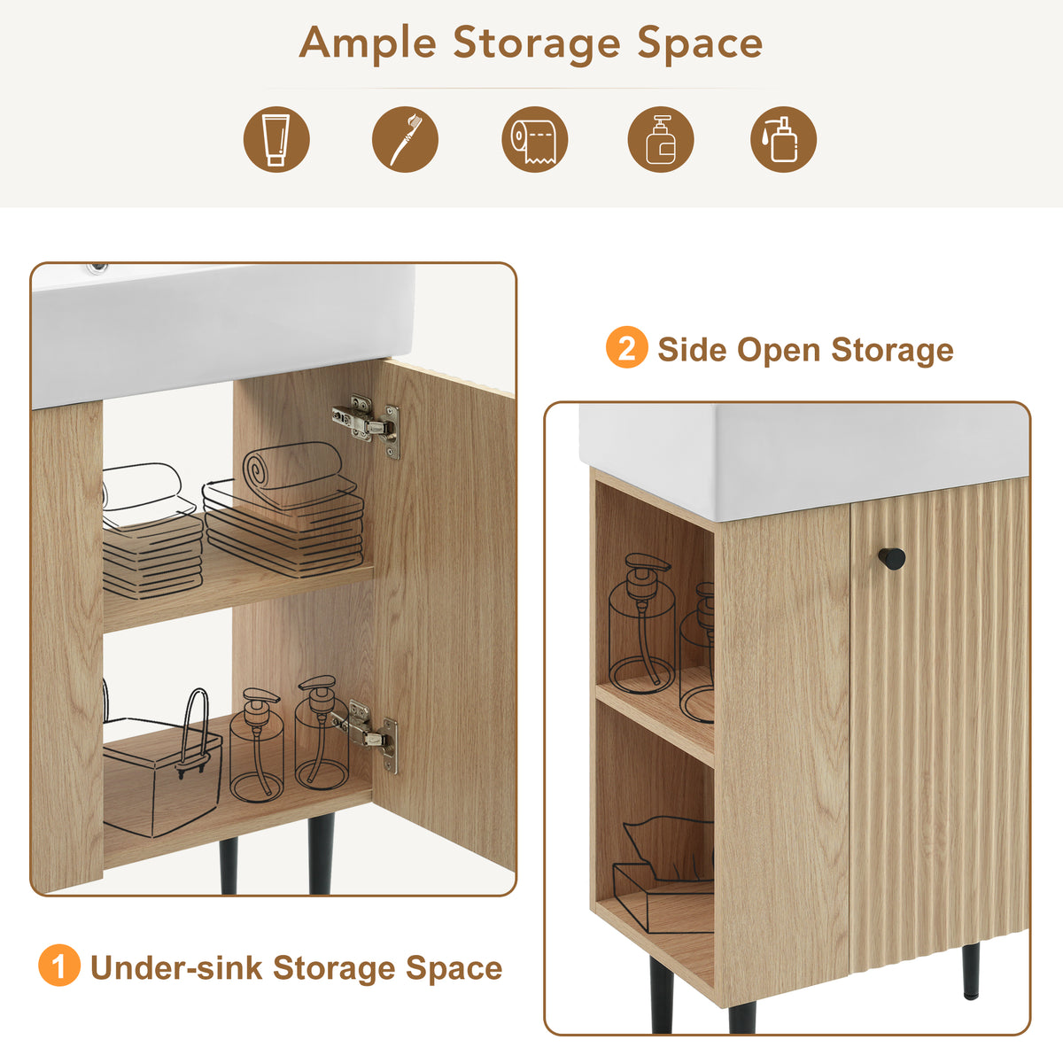 21.6" Bathroom Vanity with Sink, Slim Freestanding Bathroom Vanity Cabinet with Ceramic Sink & Overflow, Gold Metal Legs, Soft Close Door, for Small Bathroom,,Wood
