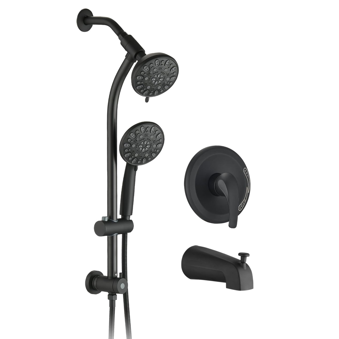 Matte Black Bathroom Shower Head and Handheld Showerhead Combo Shower System with Tub Spout,Drill-Free slider bar, 7 jets Top Shower and 7 jets handheld shower, Rough-in Valve Included