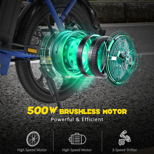 500W Folding 20 inch Fat Tire Electric City Commuter Bike 15.5 mph 48V 10.4 AH Removable Lithium Battery Adult Blue