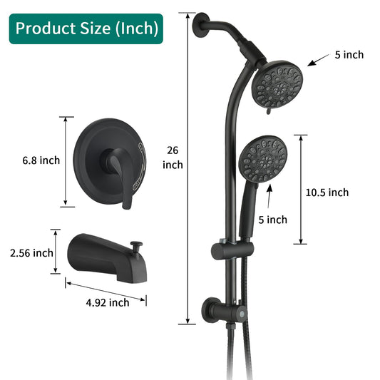 Matte Black Bathroom Shower Head and Handheld Showerhead Combo Shower System with Tub Spout,Drill-Free slider bar, 7 jets Top Shower and 7 jets handheld shower, Rough-in Valve Included