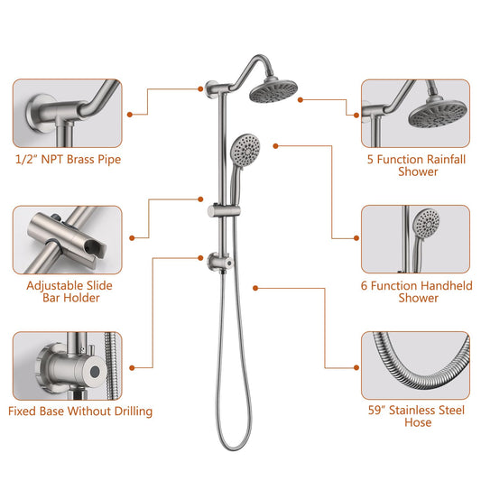 Brushed Nickel Bathroom Shower Head and Handheld Showerhead Combo Shower System with Drill-Free slider bar, 5 jets Top Shower and 6 jets handheld shower