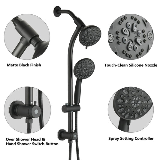 Matte Black Shower Bathroom Head and Handheld Showerhead Combo Shower System with Drill-Free slider bar, 7 jets Top Shower and 7 jets handheld shower, Rough-in Valve Included