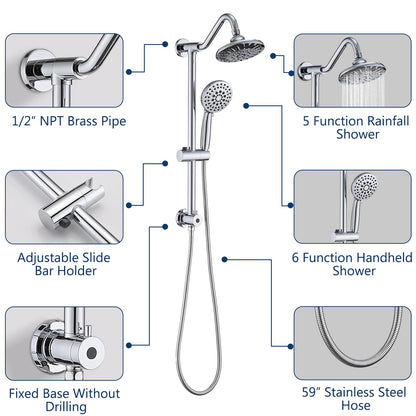Chrome Shower Bathroom Head and Handheld Showerhead Combo Shower System with Drill-Free slider bar, 5 jets Top Shower and 6 jets handheld shower