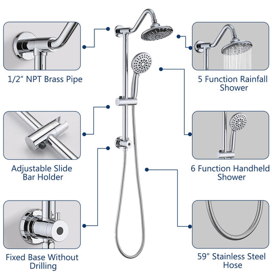 Chrome Shower Bathroom Head and Handheld Showerhead Combo Shower System with Drill-Free slider bar, 5 jets Top Shower and 6 jets handheld shower