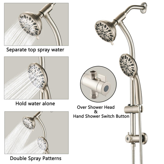 Brushed Nickel Bathroom Shower Head and Handheld Showerhead Combo Shower System with Drill-Free slider bar, 7 jets Top Shower and 7 jets handheld shower