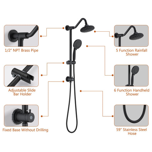 Matte Black Bathroom Shower Head and Handheld Showerhead Combo Shower System with Drill-Free slider bar, 5 jets Top Shower and 6 jets handheld shower