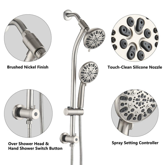 Brushed Nickel Bathroom Shower Head and Handheld Showerhead Combo Shower System with Drill-Free slider bar, 7 jets Top Shower and 7 jets handheld shower,, Rough-in Valve Included