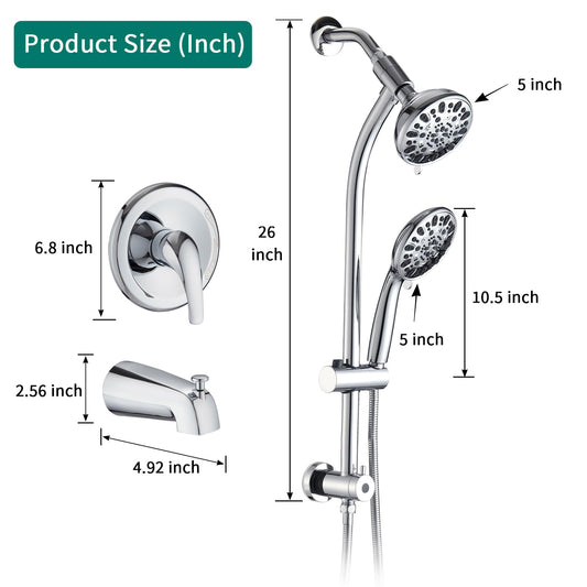 Chrome Shower Bathroom Head and Handheld Showerhead Combo Shower System with Tub Spout,Drill-Free slider bar, 7 jets Top Shower and 7 jets handheld shower, Rough-in Valve Included
