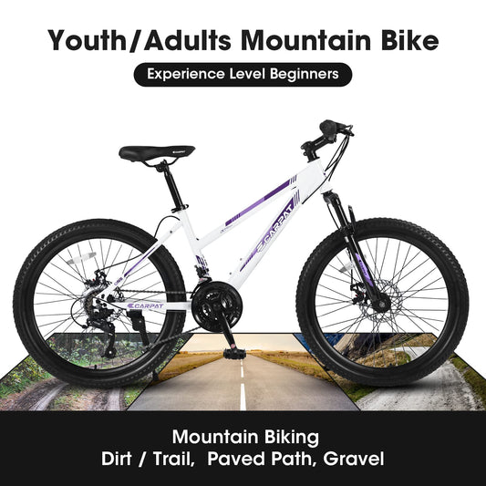 24 Inch Mountain Bike Shimano 21 Speed Dual Disc Brake Front Suspension For Boy Girl WHITE
