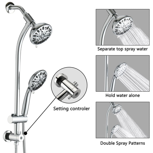 Chrome Bathroom Shower Head and Handheld Showerhead Combo Shower System with Drill-Free slider bar, 7 jets Top Shower and 7 jets handheld shower