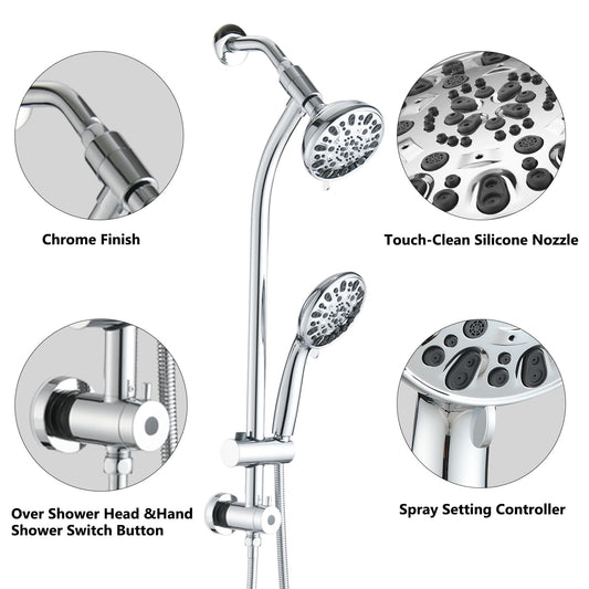 Chrome Shower Bathroom Head and Handheld Showerhead Combo Shower System with Drill-Free slider bar, 7 jets Top Shower and 7 jets handheld shower, Rough-in Valve Included