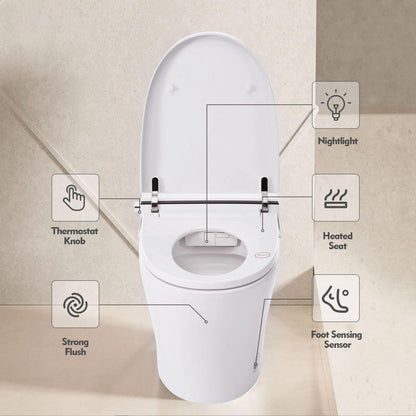 12 Inch Rough In Size Smart Toilet with Soft close Elongated Seat , Heated Seat, Foot Sensor Flush, Water-Saving Powerful Flush, Tankless Toilet with Bidet no Nozzle, Knob Control, Night Light