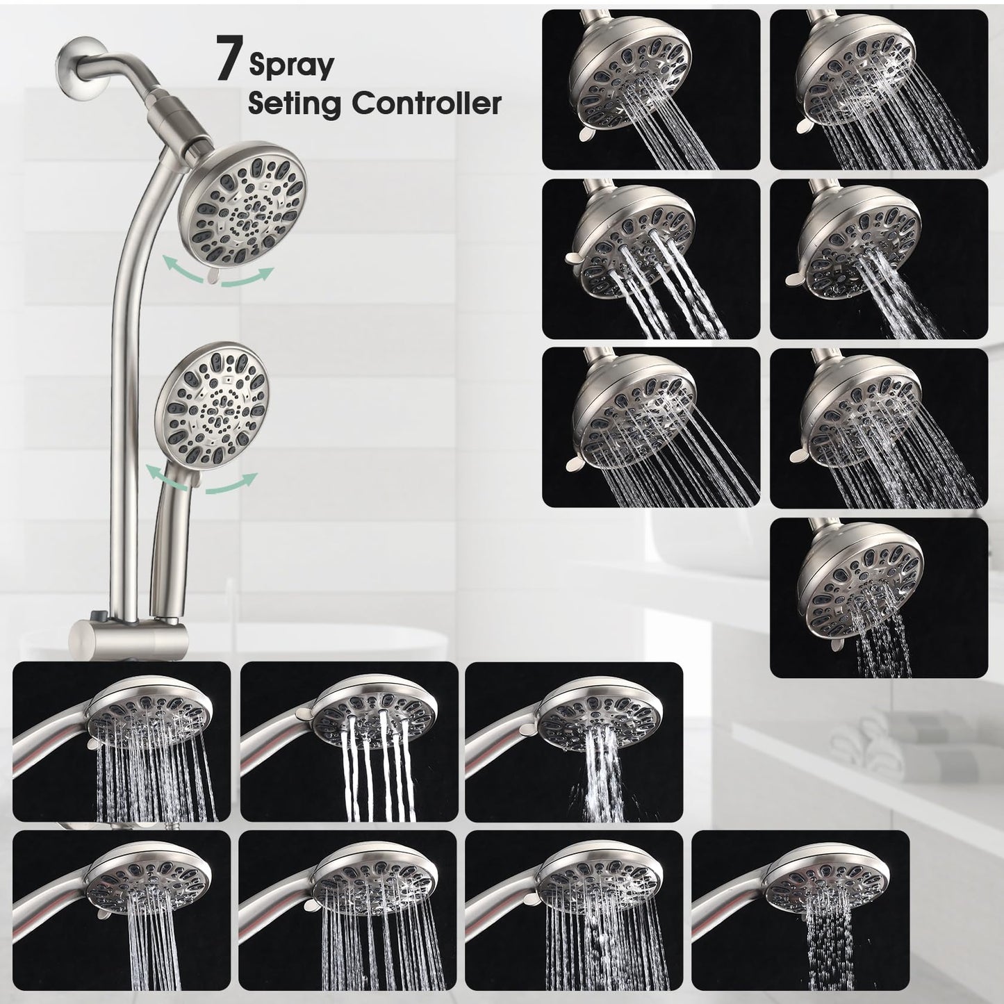 Brushed Nickel Bathroom Shower Head and Handheld Showerhead Combo Shower System with Drill-Free slider bar, 7 jets Top Shower and 7 jets handheld shower,, Rough-in Valve Included