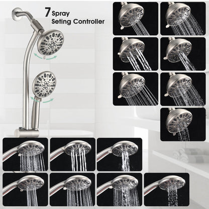 Brushed Nickel Bathroom Shower Head and Handheld Showerhead Combo Shower System with Drill-Free slider bar, 7 jets Top Shower and 7 jets handheld shower,, Rough-in Valve Included