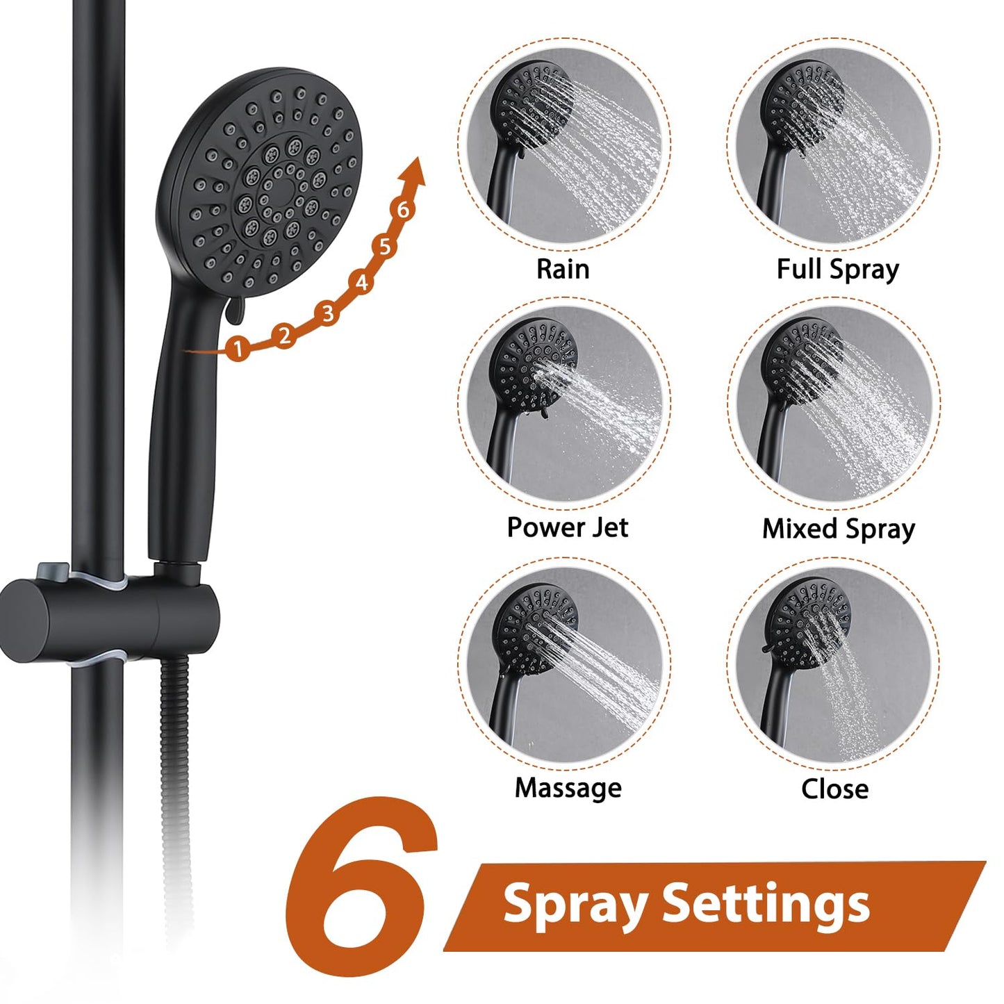 Matte Black Bathroom Shower Head and Handheld Showerhead Combo Shower System with Drill-Free slider bar, 5 jets Top Shower and 6 jets handheld shower