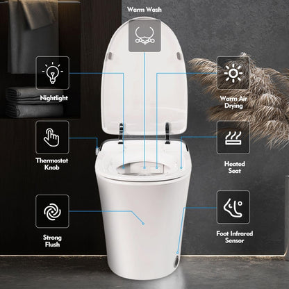12 Inch Rough In Size Smart Bidet Toilet,Soft close Elongated Seat ,Heated Seat,Foot Sensor Flush,Water-Saving Powerful Flush,Warm Dryer,Washing Nozzle, Remote Control, Night Light,Tankless Toilet