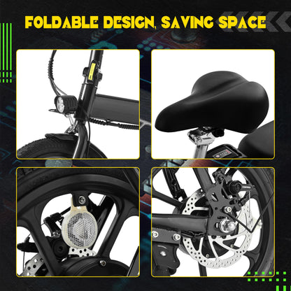 500W Folding 20 inch Fat Tire Electric City Commuter Bike 15.5 mph 48V 10.4 AH Removable Lithium Battery Adult Black