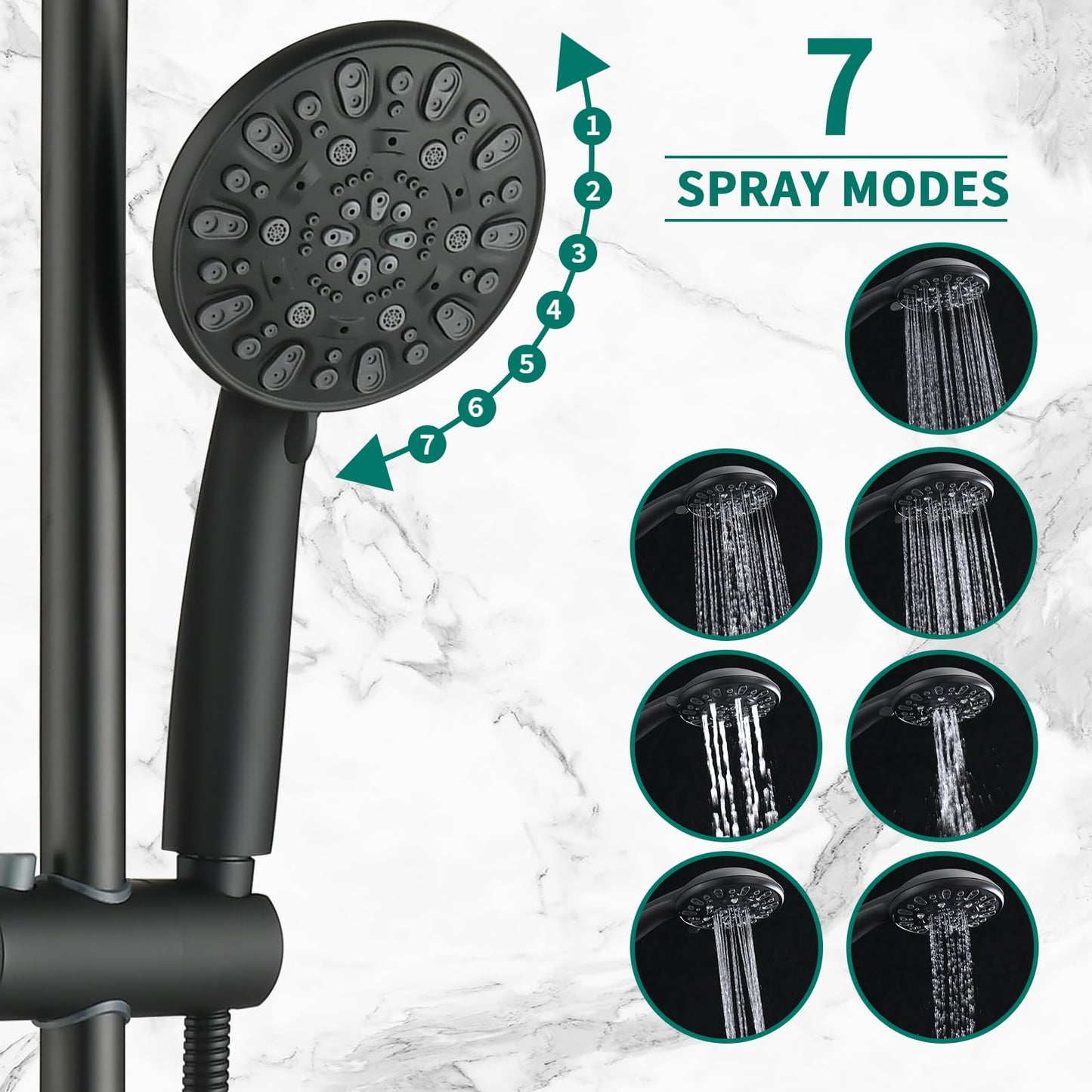 Matte Black Bathroom Shower Head and Handheld Showerhead Combo Shower System with Tub Spout,Drill-Free slider bar, 7 jets Top Shower and 7 jets handheld shower, Rough-in Valve Included