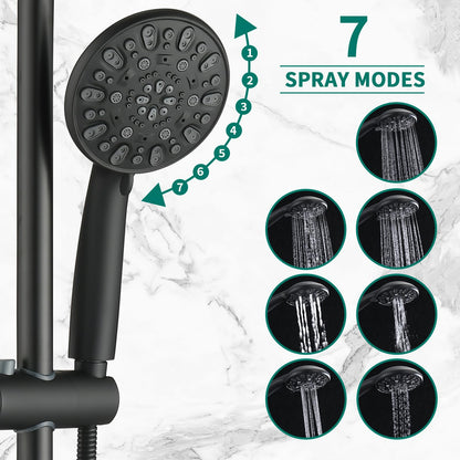 Matte Black Bathroom Shower Head and Handheld Showerhead Combo Shower System with Tub Spout,Drill-Free slider bar, 7 jets Top Shower and 7 jets handheld shower, Rough-in Valve Included