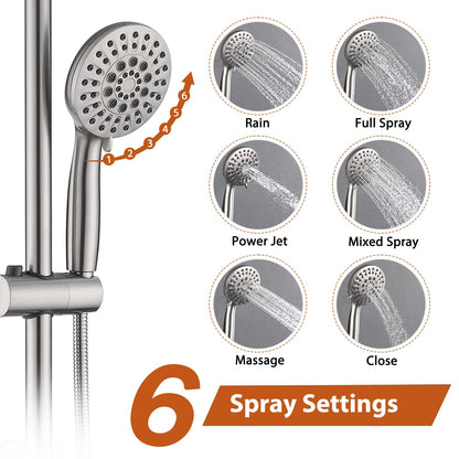 Brushed Nickel Bathroom Shower Head and Handheld Showerhead Combo Shower System with Drill-Free slider bar, 5 jets Top Shower and 6 jets handheld shower