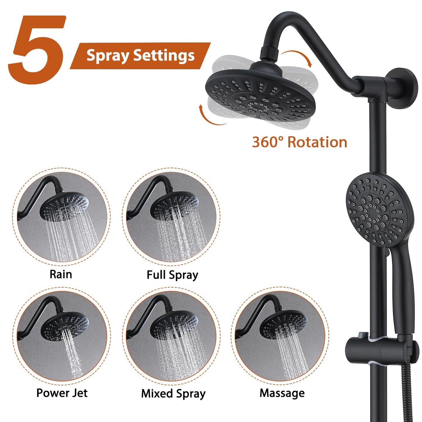 Matte Black Bathroom Shower Head and Handheld Showerhead Combo Shower System with Drill-Free slider bar, 5 jets Top Shower and 6 jets handheld shower